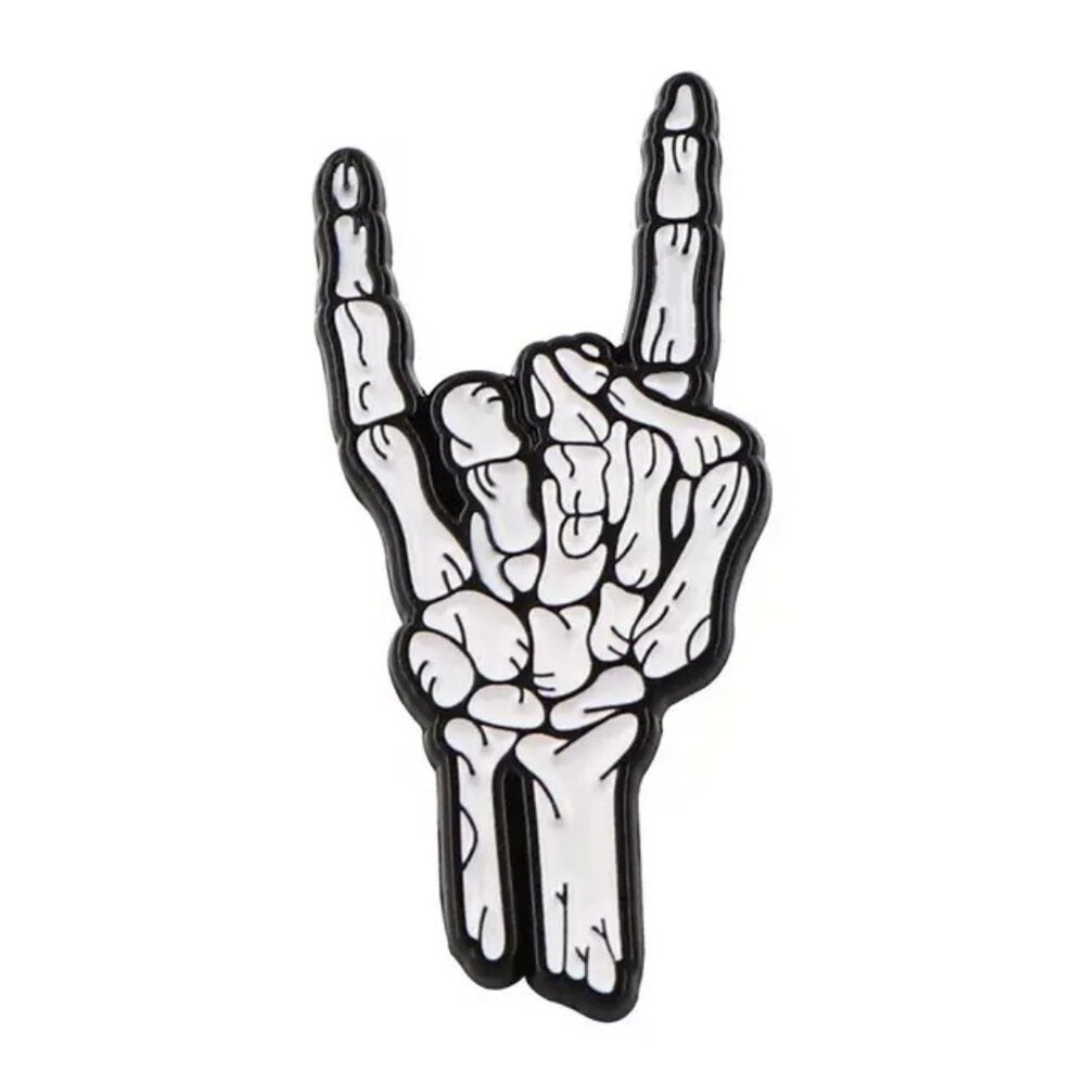 Skeleton Rock Devil Hand Black White Enamel Pin Black Metal Large